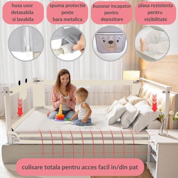 Set 3 bariere protectie pat culisante XXL + STABILIZATOR pentru pat 160x200 cm Kidizi Funny Bear Beige, certificare EN71, inaltime ajustabila 72-100 cm