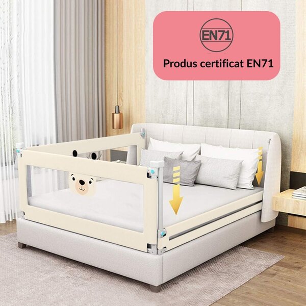 Set 3 bariere protectie pat culisante XXL + STABILIZATOR pentru pat 160x200 cm Kidizi Funny Bear Beige, certificare EN71, inaltime ajustabila 72-100 cm