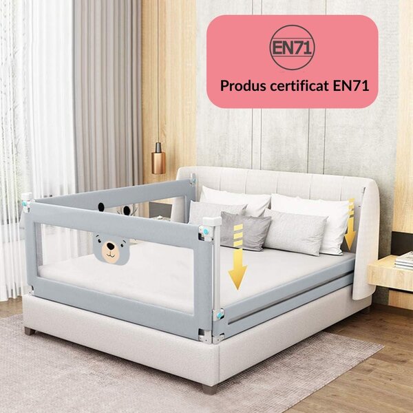 Set 3 bariere protectie pat culisante XXL + STABILIZATOR pentru pat 160x200 cm Kidizi Funny Bear Grey, certificare EN71, inaltime ajustabila 72-100 cm