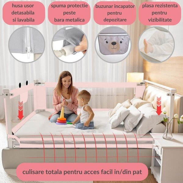 Set 3 bariere protectie pat culisante XXL + STABILIZATOR pentru pat 160x200 cm Kidizi Funny Bear Pink, certificare EN71, inaltime ajustabila 72-100 cm