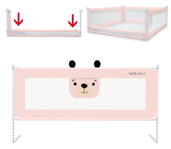 Set 3 bariere protectie pat culisante XXL + STABILIZATOR pentru pat 160x200 cm Kidizi Funny Bear Pink, certificare EN71, inaltime ajustabila 72-100 cm