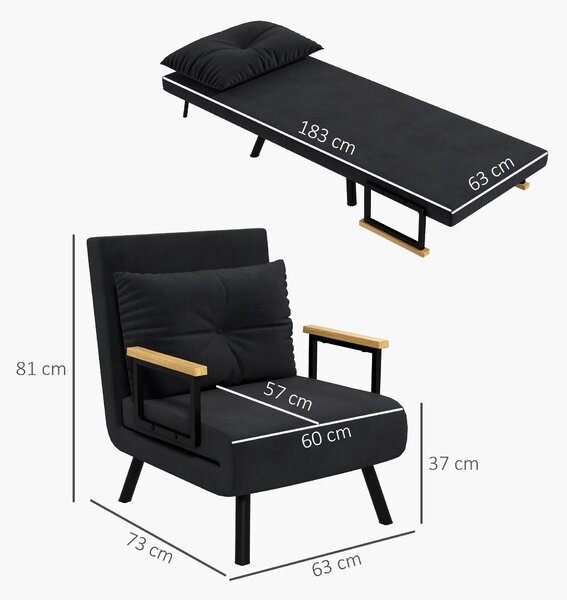 HOMCOM Canapea Extensibilă cu Spătar Reglabil pe 5 Nivele, Canapea Pat Individuală Pliabilă cu Perne, 63x73x81 cm, Negru | Aosom Romania