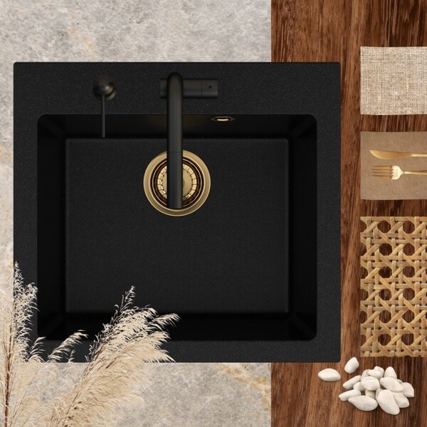 SINK Quality Chiuveta Quality Ferrum 50, chiuveta granit bucatarie 490x450x195 mm + sifon negru, brocart, SKQ-FER.B.1K50.XB