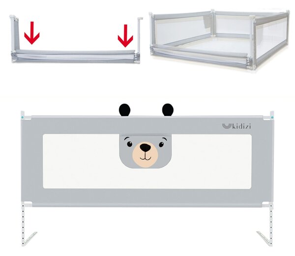 Set 3 bariere protectie pat culisante XXL + STABILIZATOR pentru pat 160x200 cm Kidizi Funny Bear Grey, certificare EN71, inaltime ajustabila 72-100 cm