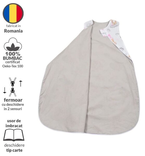 Sac de dormit de vara din bumbac 100% 3-12 luni Kidizi Koala Dreams Pink, 0.5 tog