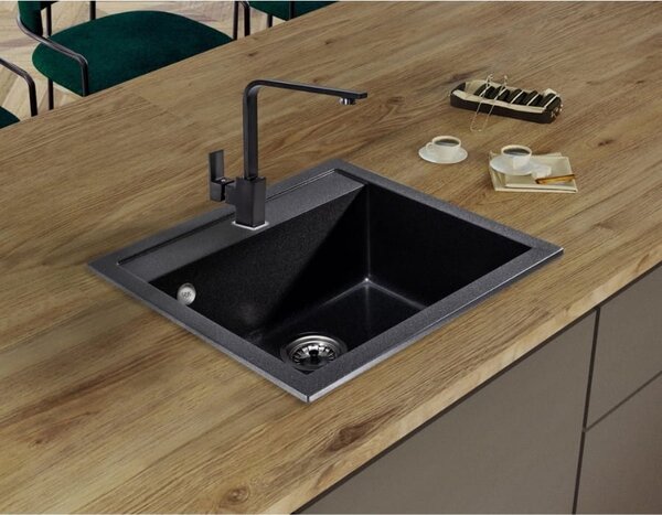 SINK Quality Chiuveta Quality Ferrum, chiuveta granit bucatarie 565x510x205 mm + sifon auriu, pete negre-Brocart, SKQ-FER.B.1K60.XG