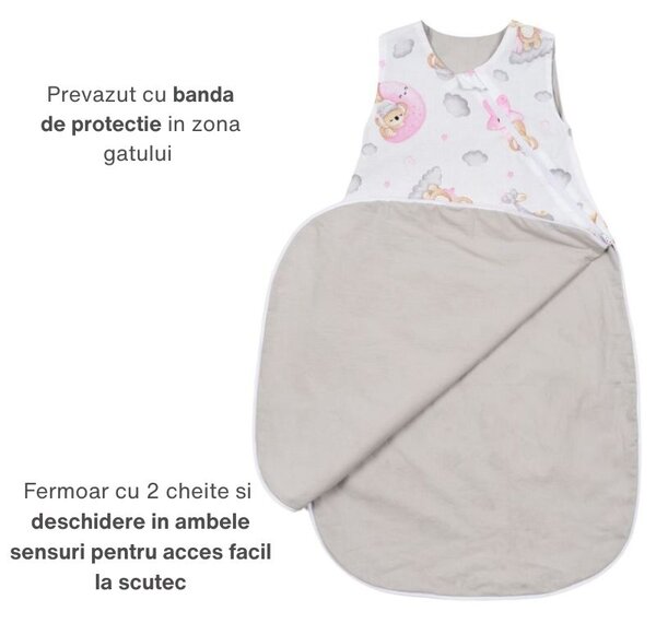 Sac de dormit de vara din bumbac 100% 3-12 luni Kidizi Koala Dreams Pink, 0.5 tog