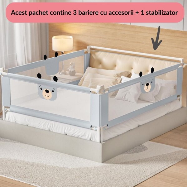 Set 3 bariere protectie pat culisante XXL + STABILIZATOR pentru pat 160x200 cm Kidizi Funny Bear Grey, certificare EN71, inaltime ajustabila 72-100 cm