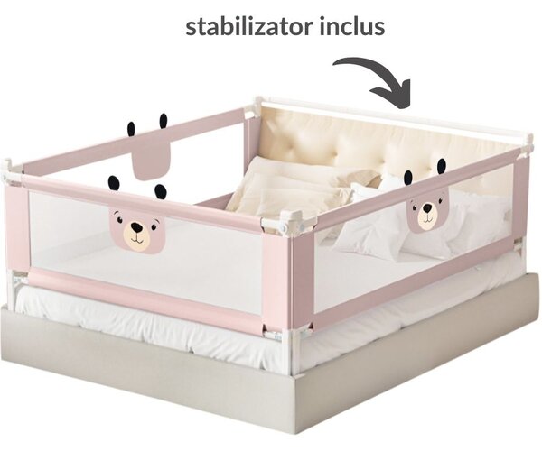 Set 3 bariere protectie pat culisante XXL + STABILIZATOR pentru pat 160x200 cm Kidizi Funny Bear Pink, certificare EN71, inaltime ajustabila 72-100 cm