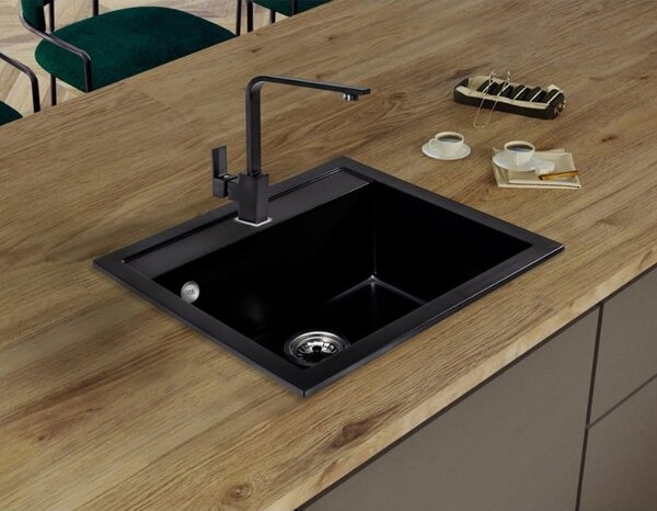 SINK Quality Chiuveta Quality Ferrum, chiuveta granit bucatarie 565x510x205 mm + sifon crom, negru, SKQ-FER.C.1K60.X