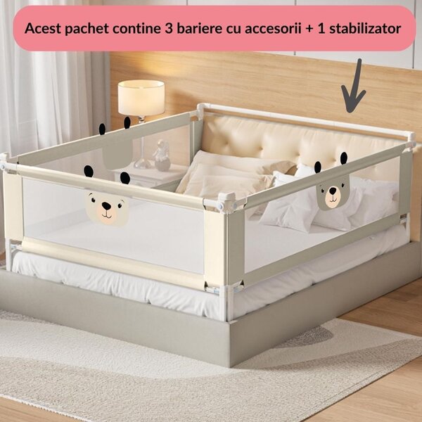 Set 3 bariere protectie pat culisante XXL + STABILIZATOR pentru pat 160x200 cm Kidizi Funny Bear Beige, certificare EN71, inaltime ajustabila 72-100 cm