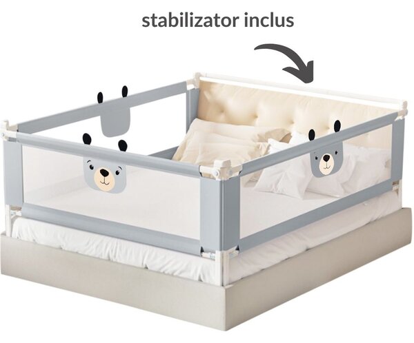 Set 3 bariere protectie pat culisante XXL + STABILIZATOR pentru pat 160x200 cm Kidizi Funny Bear Grey, certificare EN71, inaltime ajustabila 72-100 cm