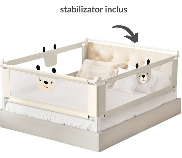 Set 3 bariere protectie pat culisante XXL + STABILIZATOR pentru pat 160x200 cm Kidizi Funny Bear Beige, certificare EN71, inaltime ajustabila 72-100 cm