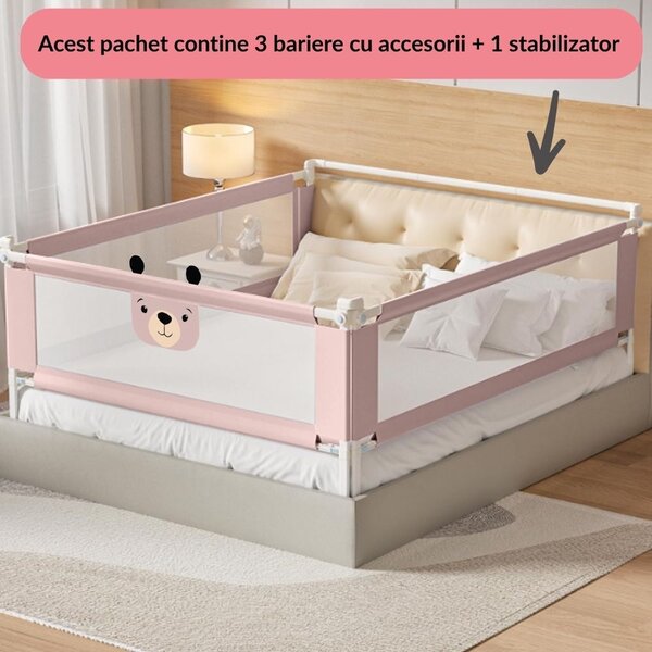 Set 3 bariere protectie pat culisante XXL + STABILIZATOR pentru pat 160x200 cm Kidizi Funny Bear Pink, certificare EN71, inaltime ajustabila 72-100 cm
