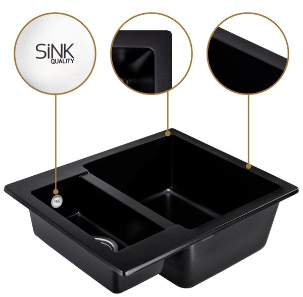 SINK Quality Chiuveta Quality Ferrum, chiuveta granit bucatarie 605x495x210 mm + sifon negru, negru, SKQ-FER.C.5KBO.XB