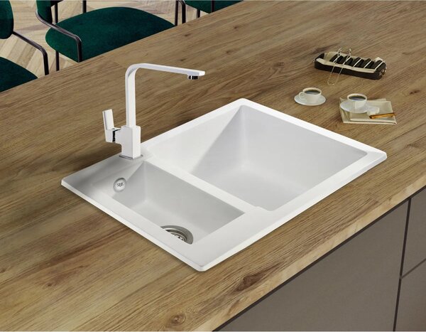 SINK Quality Chiuveta Quality Ferrum, chiuveta granit bucatarie 605x495x210 mm + sifon auriu, alb, SKQ-FER.W.5KBO.XG