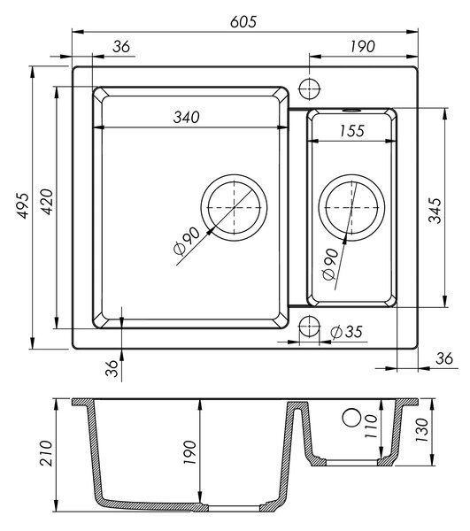 SINK Quality Chiuveta Quality Ferrum, chiuveta granit bucatarie 605x495x210 mm + sifon negru, negru, SKQ-FER.C.5KBO.XB