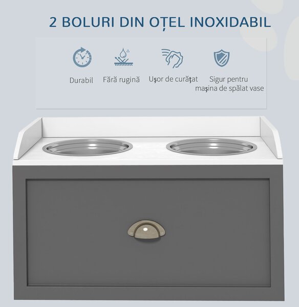 PawHut Boluri Înălțate pentru Câini din Oțel Inoxidabil și Lemn cu Sertar, 60x30x36 cm, Gri | Aosom Romania