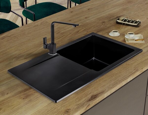 SINK Quality Chiuveta Quality Ferrum, chiuveta granit bucatarie 770x450x190 mm + sifon auriu, negru, SKQ-FER.C.1KDO.XG