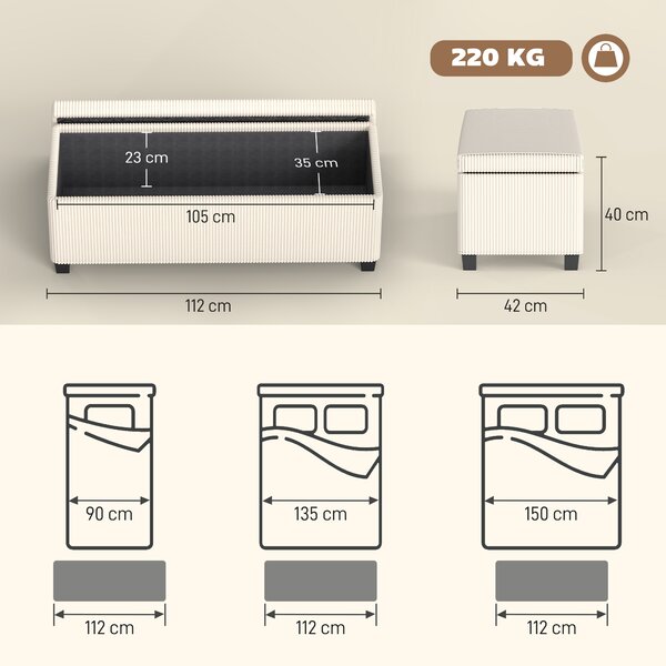 HOMCOM Bancă de Depozitare de 84L, din Țesătură cu Efect de Catifea și Oțel, 112x42x40 cm, Bej | Aosom Romania