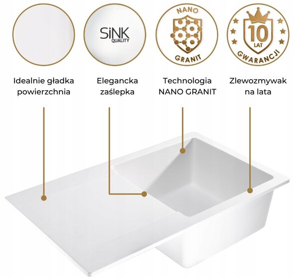 SINK Quality Chiuveta Quality Ferrum, chiuveta granit bucatarie 770x450x190 mm + sifon auriu, alb, SKQ-FER.W.1KDO.XG