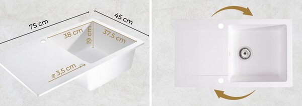 SINK Quality Chiuveta Quality Ferrum, chiuveta granit bucatarie 770x450x190 mm + sifon auriu, alb, SKQ-FER.W.1KDO.XG