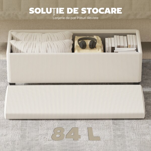 HOMCOM Bancă de Depozitare de 84L, din Țesătură cu Efect de Catifea și Oțel, 112x42x40 cm, Bej | Aosom Romania