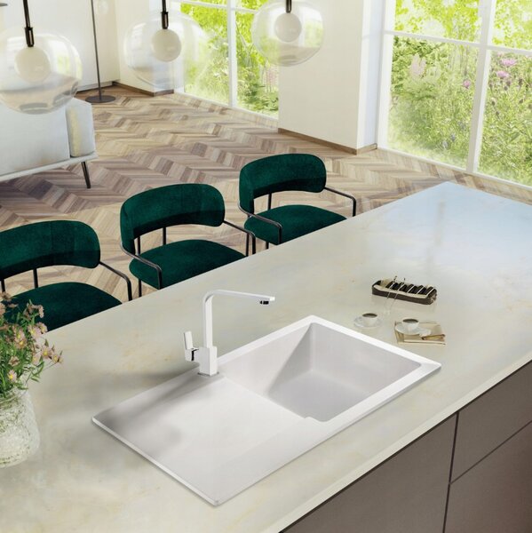 SINK Quality Chiuveta Quality Ferrum, chiuveta granit bucatarie 770x450x190 mm + sifon auriu, alb, SKQ-FER.W.1KDO.XG