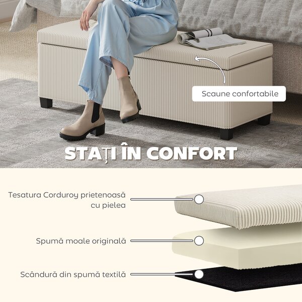 HOMCOM Bancă de Depozitare de 84L, din Țesătură cu Efect de Catifea și Oțel, 112x42x40 cm, Bej | Aosom Romania