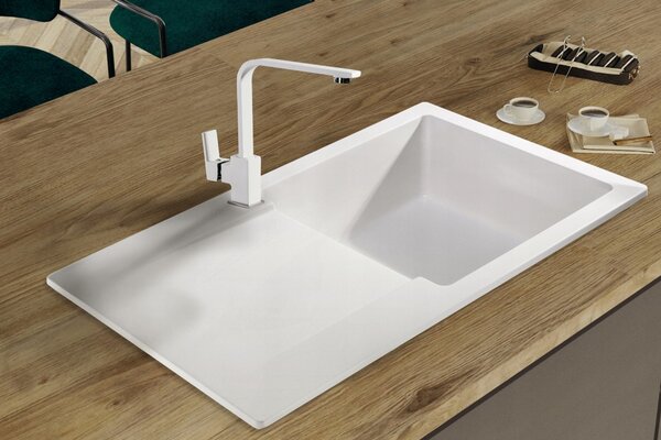 SINK Quality Chiuveta Quality Ferrum, chiuveta granit bucatarie 770x450x190 mm + sifon auriu, alb, SKQ-FER.W.1KDO.XG
