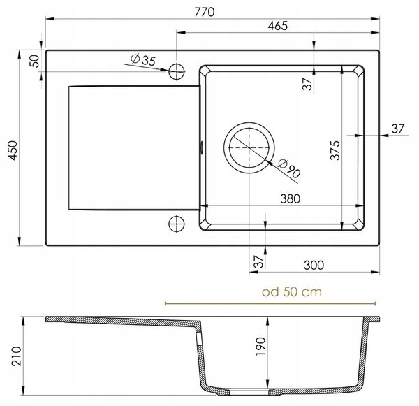 SINK Quality Chiuveta Quality Ferrum, chiuveta granit bucatarie 770x450x190 mm + sifon auriu, alb, SKQ-FER.W.1KDO.XG