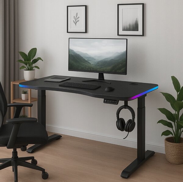 Masă electrică reglabilă pe înălțime 140 cm - negru cu iluminare din spate LED