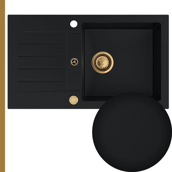 SINK Quality Chiuveta Quality Natalie, chiuveta granit bucatarie 770x450x170 mm + sifon auriu, negru, SKQ-NAT.C.1KDO.XG