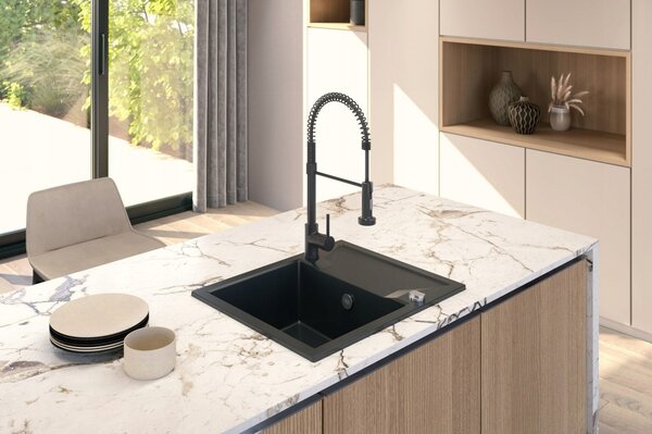 SINK Quality Chiuveta Quality Obsidian, chiuveta granit bucatarie 590x500x210 mm + sifon negru, cu pete negre-Brocart, SKQ-OBS.B.1KKO.XB