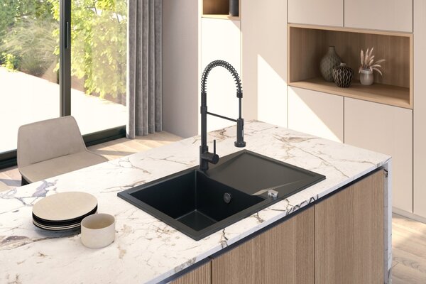 SINK Quality Chiuveta Quality Obsidian, chiuveta granit bucatarie 790x500x210 mm + sifon negru, cu pete negre-Brocart, SKQ-OBS.B.1KDO.XB