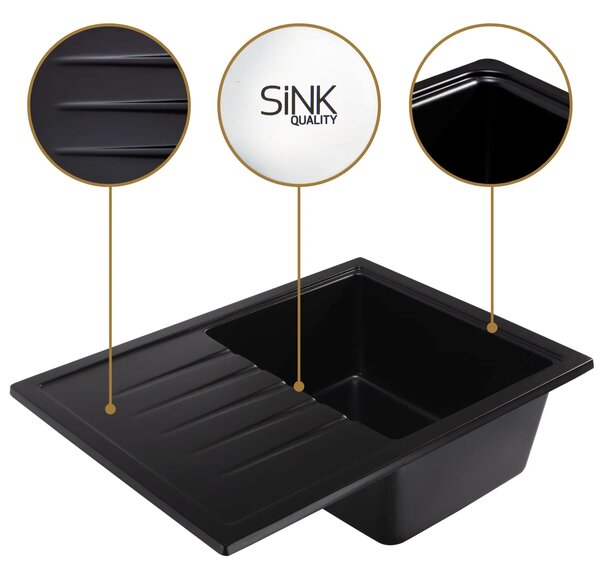 SINK Quality Chiuveta Quality Titanite, chiuveta granit bucatarie 680x495x215 mm + sifon auriu, negru, SKQ-TIT.C.1KKO.XG