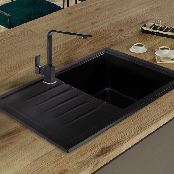 SINK Quality Chiuveta Quality Titanite, chiuveta granit bucatarie 680x495x215 mm + sifon auriu, negru, SKQ-TIT.C.1KKO.XG