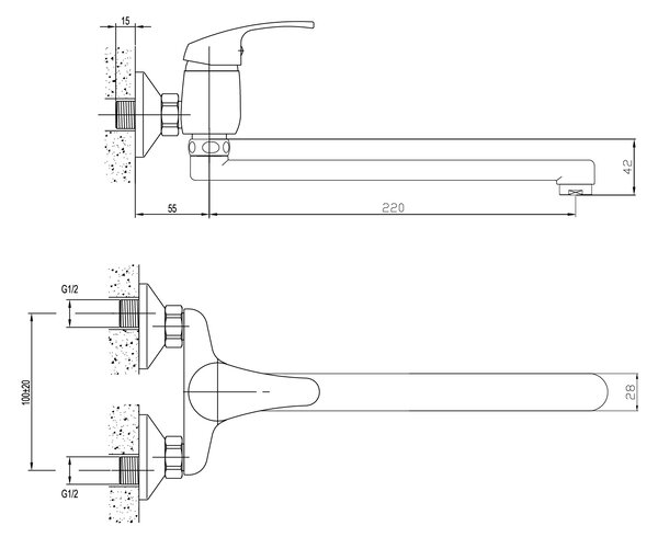 Aqualine, baterie de perete AQUALINE 35, pas 100 mm, braț plat, crom, 52021