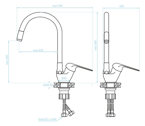 Kuchinox Elza, baterie autonomă pentru chiuvetă cu braț elastic, negru mat, LAV-BKE_B67D