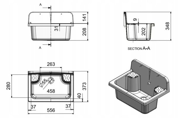 Gamma Manta, chiuveta universala din plastic 55,6x37,3x34,8 cm + sifon, 1 camera, alb, GMA-KGR56-WH