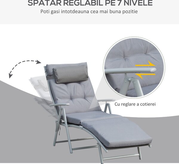 Outsunny Sezlong de Gradina Pliabil cu Saltea si Perna, Spatar cu 7 Pozitii de Inclinare, 137x63.5x100.5cm, Gri | Aosom Romania