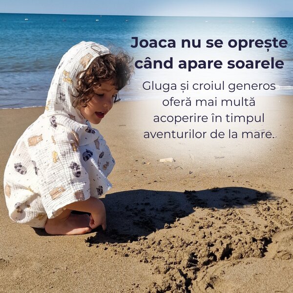 Poncho copii din muselina dubla Kidizi Cuddly Buddies 3-6 ani – cu gluga, uscare rapida, croi lejer pentru plaja si piscina