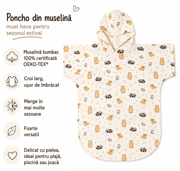Poncho copii din muselina dubla Kidizi Cuddly Buddies 6-18 luni – cu gluga, uscare rapida, croi lejer pentru plaja si piscina