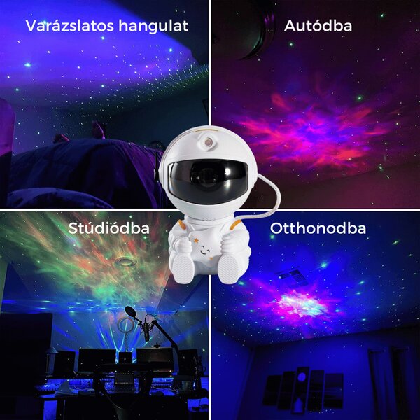 Astronaută șezând, proiector de galaxii (LED) - Alb/Îstelat