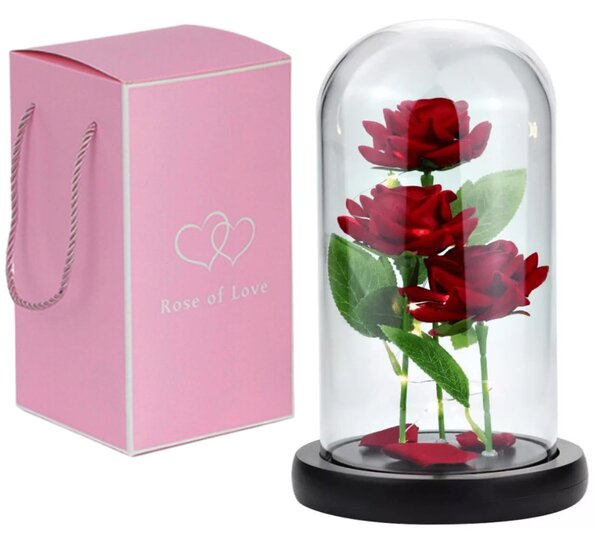 Trandafir veșnic sub cupolă cu LED – Roșu/auriu – fluture, 1 trandafir LOVE05