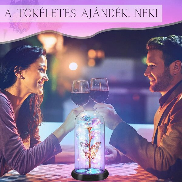 Trandafir veșnic sub cupolă cu LED – Roșu/auriu – 1 trandafir LOVE01
