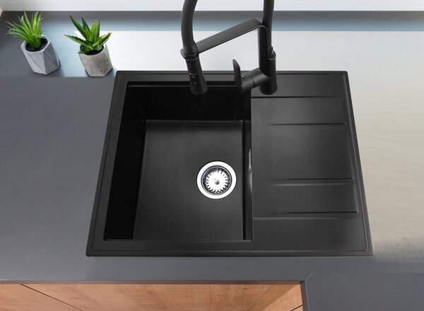 Gamma Modern 6550, chiuvetă granit cu 1 compartiment 650x500x210 mm cu scurgere scurtă, negru, GMA-ZLE000089