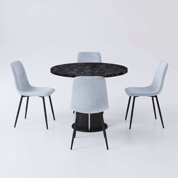 Set Masă Bucătărie Rotundă Lorys Slim Negru Marmorat cu 4 Scaune Darien Bleu Ciel, Blat PAL, Ø90 × 75 cm