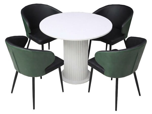 Set Masă Bucătărie Rotundă Lorys Slim Alb cu 4 Scaune Venezia Negru Verde, Blat PAL, Ø90 × 75 cm