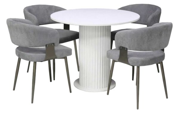 Set Masă Bucătărie Rotundă Lorys Slim Alb cu 4 Scaune Ryga Gri, Blat PAL, Ø90 × 75 cm
